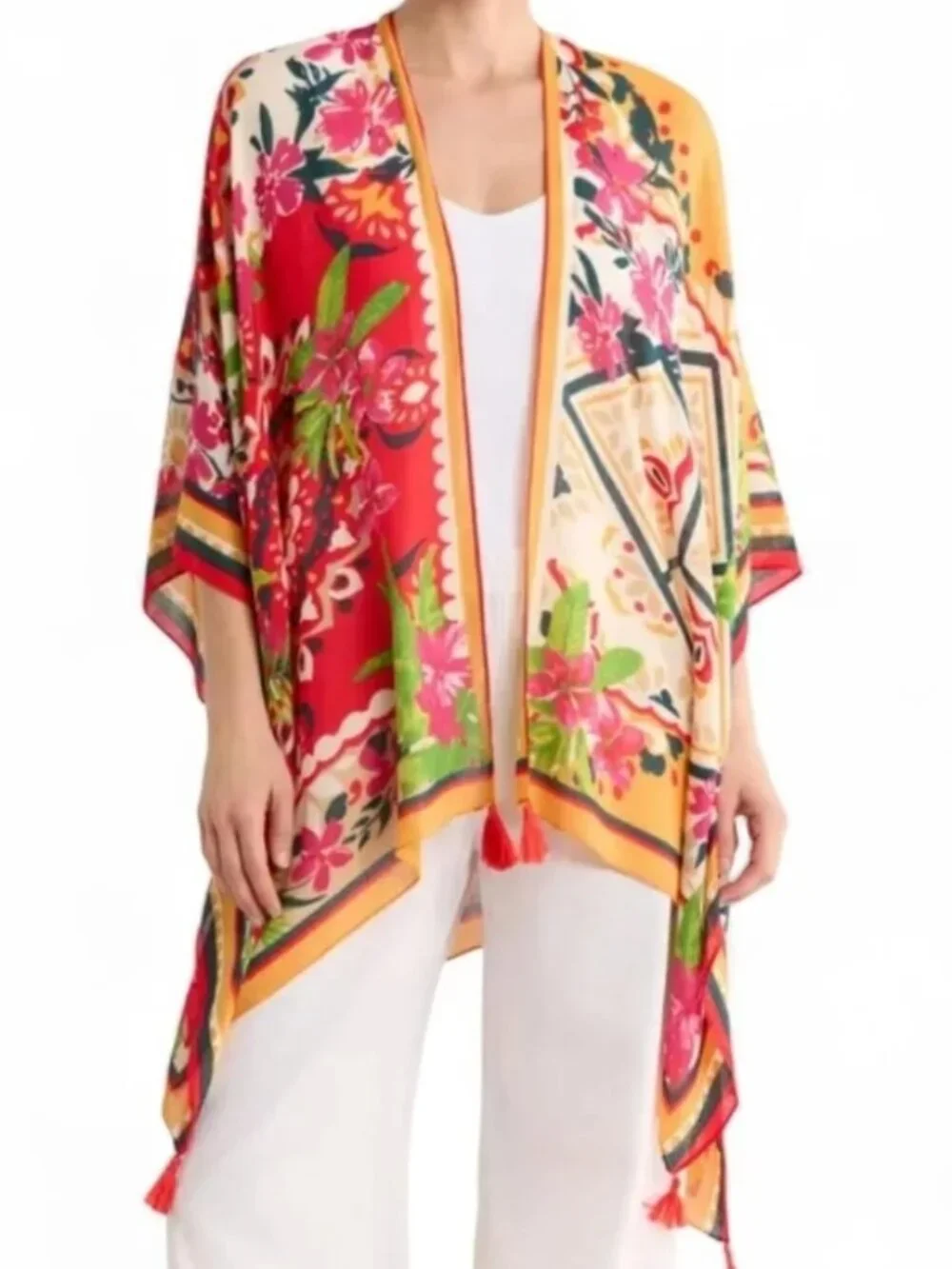 Nine West Bright Floral Tasseled Poncho OS